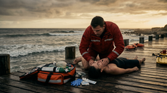 Lifeguard performing rescue breaths on drowning victim with oxygen equipment ready