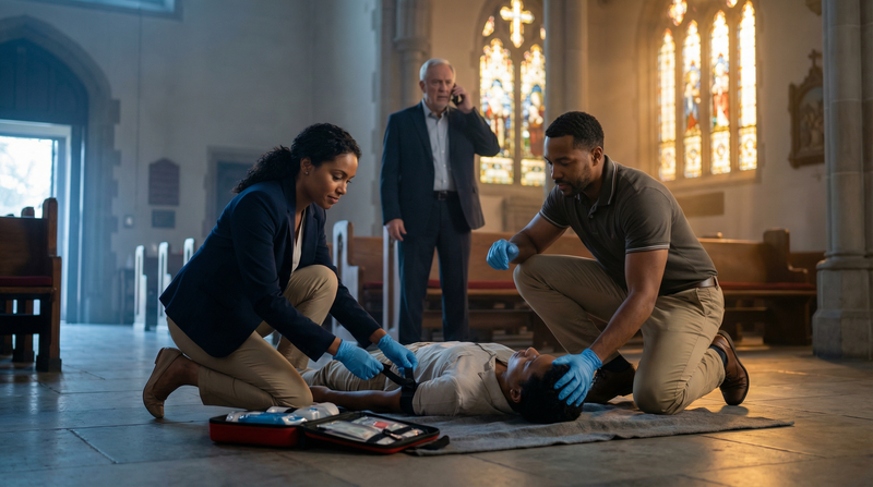 Church safety team responding to a medical emergency inside a church sanctuary