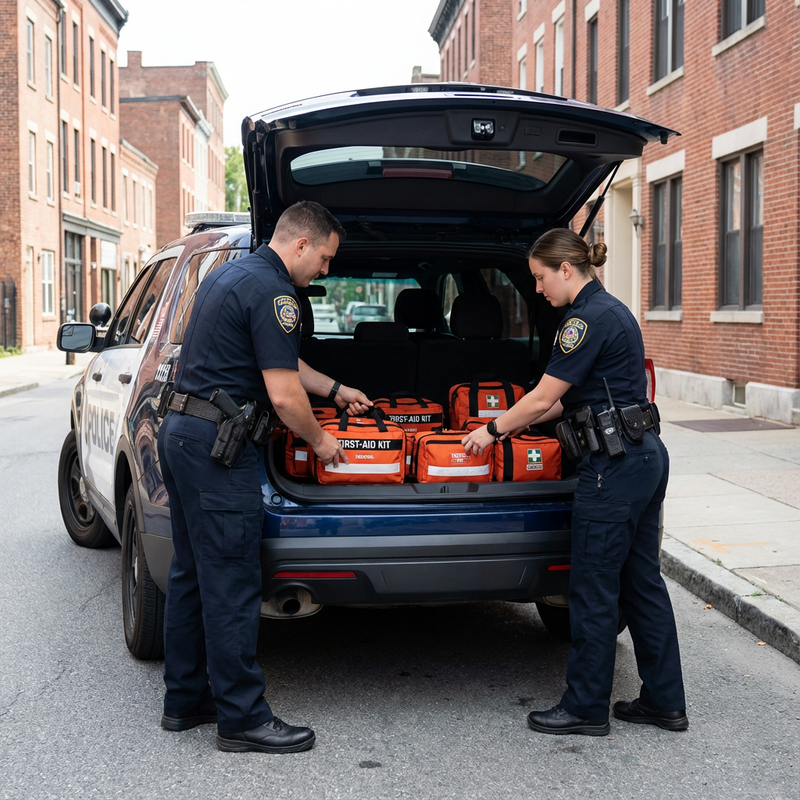 Police officers organizing emergency medical kits in police SUV
