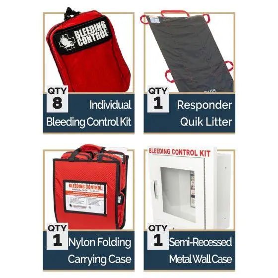 Public Access Bleeding Control Station - 8 - PACK Nylon Pouch - Metal Semi - Recessed Cabinet - North American Rescue
